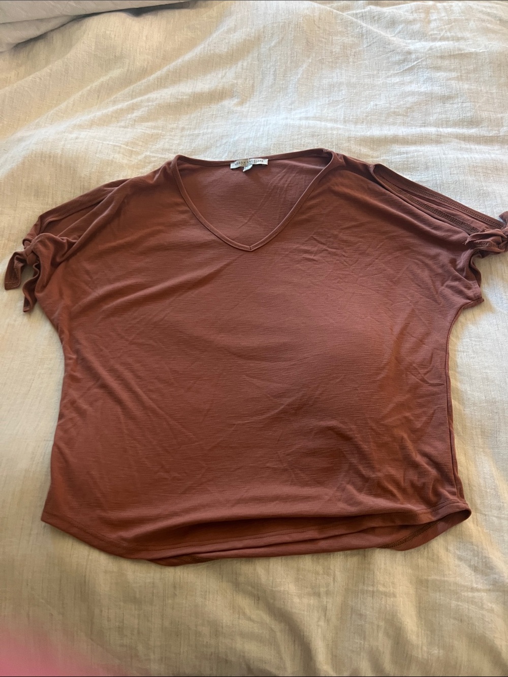 Free People Short Sleeve V-Neck Top in Rust Brown